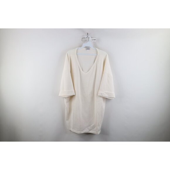 Vintage 90s Express Womens Large Blank Baggy Thermal Waffle Knit T-Shirt Cream - Picture 1 of 14